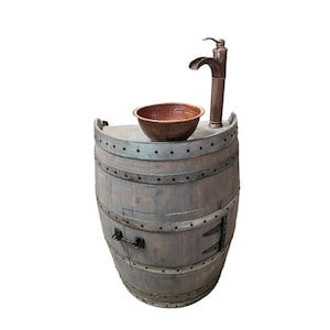 Rustic Half Wine Barrel Bathroom Sink Vanity with Hammered Copper Sink and Copper Waterfall Faucet