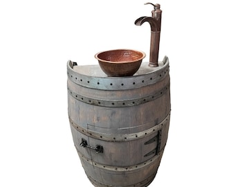 Rustic Half Wine Barrel Bathroom Sink Vanity with Hammered Copper Sink and Copper Waterfall Faucet