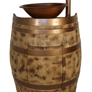 Rustic Half Wine Barrel Bathroom Sink Vanity with Hammered Copper Sink and Copper Waterfall Faucet