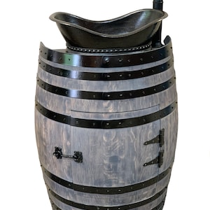 Flat Back Weathered Grey Barrel Vanity with Black Copper Bathtub Sink and Waterfall Faucet