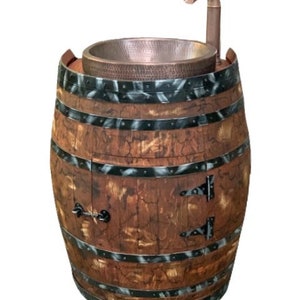3/4 Unique Barrel Vanity with Copper Skirted Hammered Sink and Waterfall Faucet