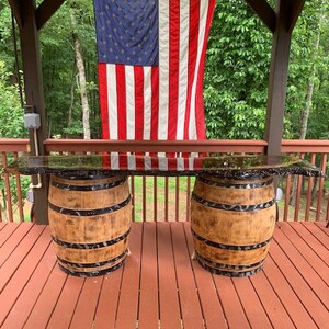 Repurposed Wine/Whiskey Barrel with Live Edge Black Walnut Slab Bar