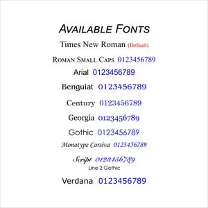 Puede incluir: Una lista de fuentes disponibles con sus nombres y una muestra de los n&uacute;meros 0123456789 en cada fuente. La fuente predeterminada es Times New Roman.