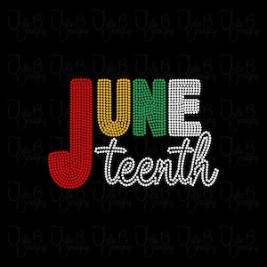 Op de afbeelding: Het woord Juneteenth wordt weergegeven in een strass-ontwerp tegen een zwarte achtergrond. De letter J is rood, de letters U N E zijn respectievelijk geel, groen en wit, en het woord teenth is geschreven in witte cursieve letters.