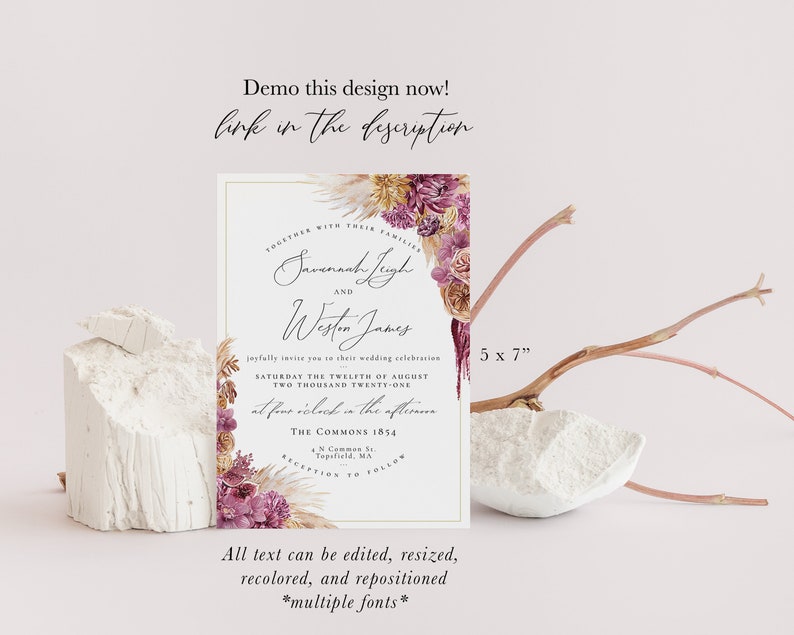 Click to demo! Floral Pampas Grass Boho Wedding Invitation Template Download