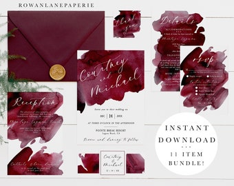 Burgundy Watercolor Wedding Invitation Template, Printable Wedding Invitation download, Wedding Invitation Set, Modern wedding invitation