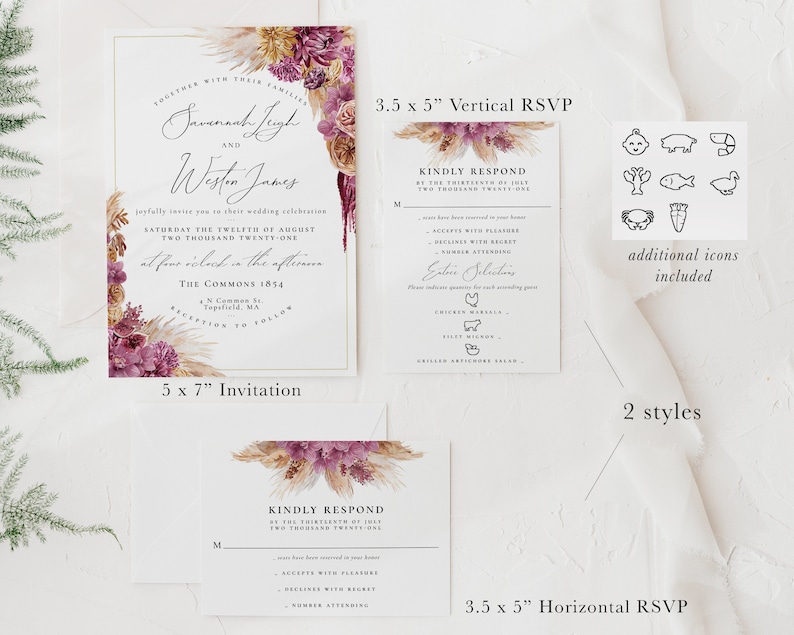 Click to demo! Floral Pampas Grass Boho Wedding Invitation Template Download