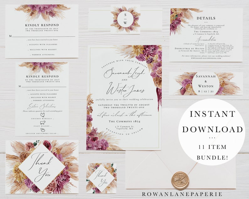Click to demo! Floral Pampas Grass Boho Wedding Invitation Template Download