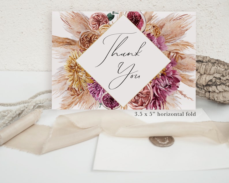 Click to demo! Floral Pampas Grass Boho Wedding Invitation Template Download