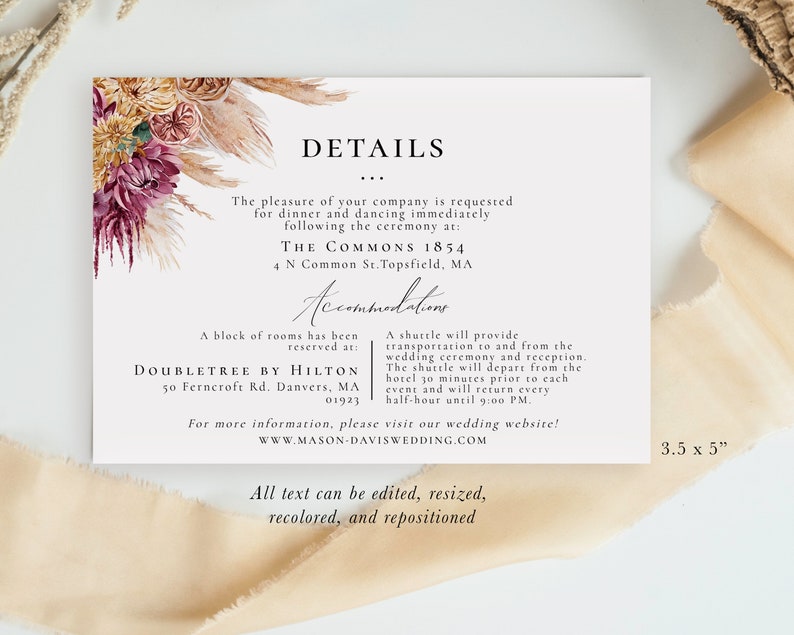 Click to demo! Floral Pampas Grass Boho Wedding Invitation Template Download