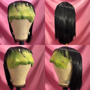 May include: Four views of a black wig on a mannequin head. The wig is styled in a straight bob with bangs. The mannequin head is green and has a textured surface.