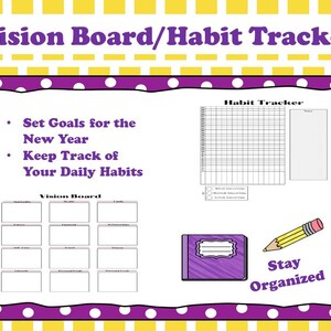 Può includere: Un modello stampabile di vision board e tracker delle abitudini. Il modello ha un bordo viola con pois bianchi. Il modello include sezioni per fissare obiettivi per il nuovo anno, tenere traccia delle abitudini quotidiane e un vision board con 12 caselle vuote.