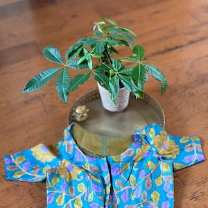 Copper sulphate blue and yellow kalamkari on pure tussar silk blouse. Size  38. Has margin upto 42 inches