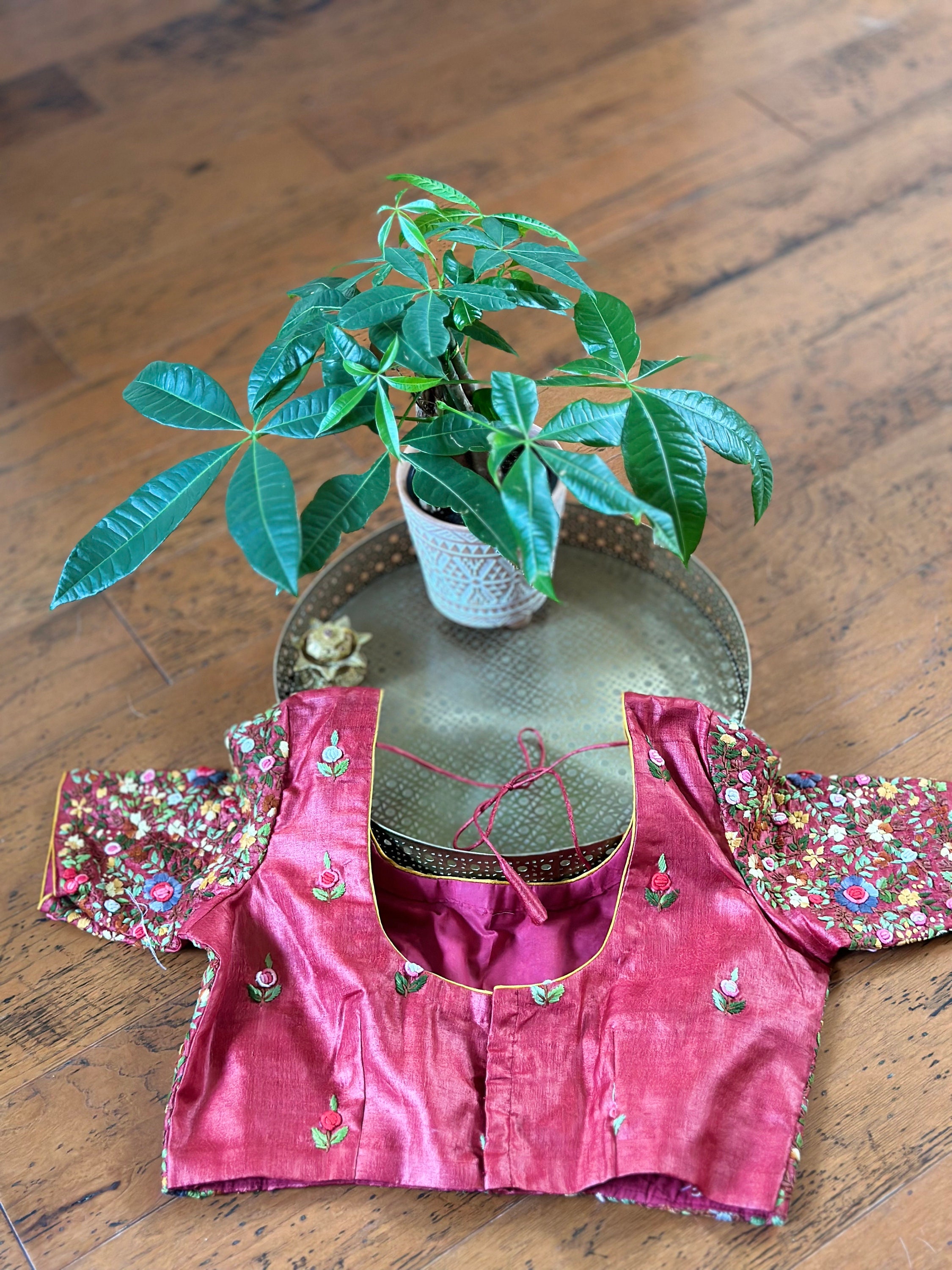 Hand Knot Embroidery on Brick Red Colored Pure Tussar Silk. Blouse 