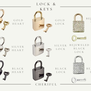 May include: A set of nine lock and key pairs in gold, silver, and black finishes. The locks are in heart and square shapes, with some featuring a bejeweled design. The text "LOCK & KEYS" and "CHERIFUL" are visible at the top and bottom of the image.