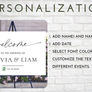 May include: A white welcome sign with black calligraphy that reads "welcome to the wedding of Olivia & Liam" and the date "10.10.2024". The sign is on a black easel.