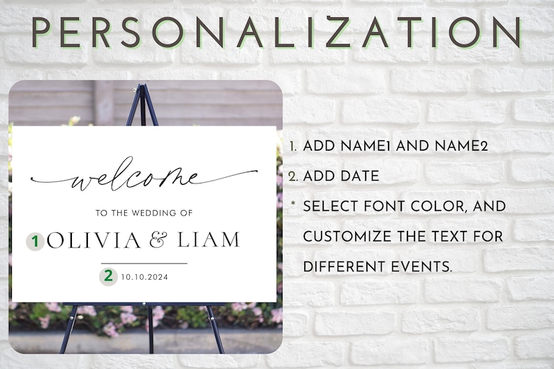 May include: A white welcome sign with black calligraphy that reads "welcome to the wedding of Olivia & Liam" and the date "10.10.2024". The sign is on a black easel.