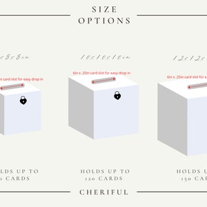 May include: Three white boxes with a red line and a lock icon on top. The boxes are labeled with the dimensions 6x6x6 in, 10x10x10 in, and 12x12x12 in. The boxes are labeled with the text "HOLDS UP TO" and the number of cards they can hold. The text "SIZE OPTIONS" and "CHERIFUL" are also visible.