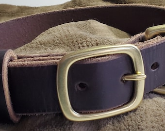 May include: A dark brown leather dog collar with a brass buckle and D-ring.