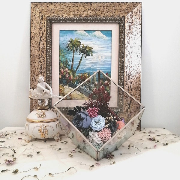 Preserved Flowers Eternity Roses in Geometric Terrarium | Clear Glass Cube Container | Floral Arrangement Tabletop Centerpiece