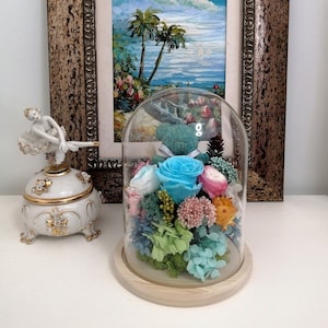 Preserved Flowers Eternity Roses with Bear Figurine in Glass Dome Cloche Terrarium with Wooden Base LED Night Light Real Floral Arrangement