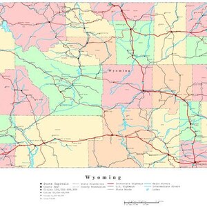 Carte de l'état du WYOMING sur papier glacé pour poster, photo, hautes plaines de Cheyenne, wy parks
