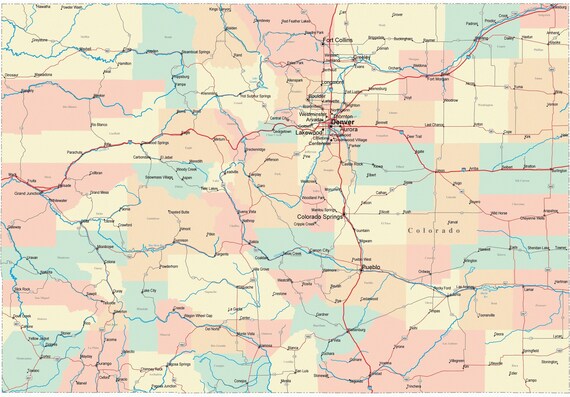 Colorado County Map With Roads Colorado Road Map Glossy Poster Picture Photo Cities State - Etsy Uk