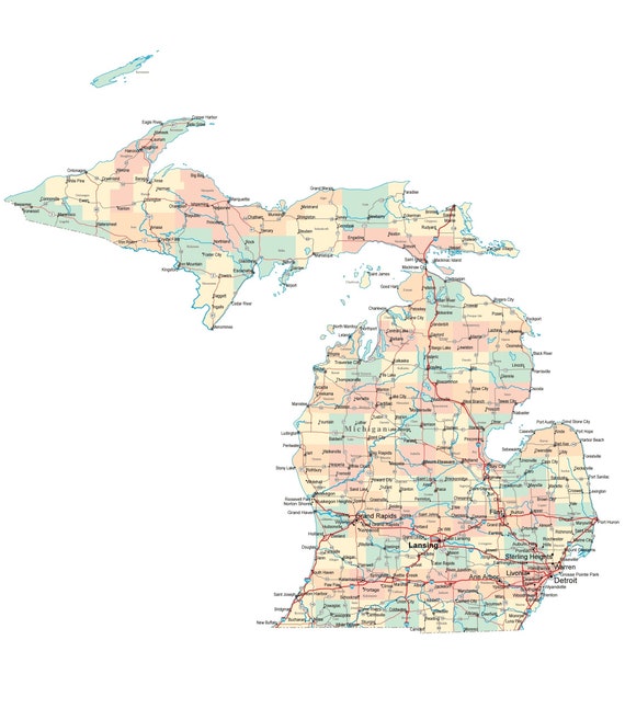 Map Of Northern Michigan Cities Michigan Road Map Glossy Poster Picture Photo State City - Etsy Canada