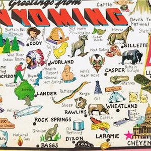 Carte de l'ÉTAT du WYOMING amusante sur papier glacé, affiche photo photo cheyenne high plains wy