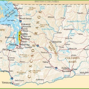 Carte routière de l'État de WASHINGTON, affiche sur papier glacé, bannière photo, autoroute de la ville