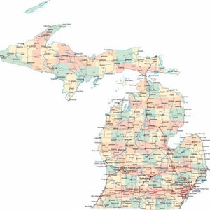 MICHIGAN STRAßENKARTE glänzend Poster Bild Foto Bundesstaat Stadt County Detroit mi