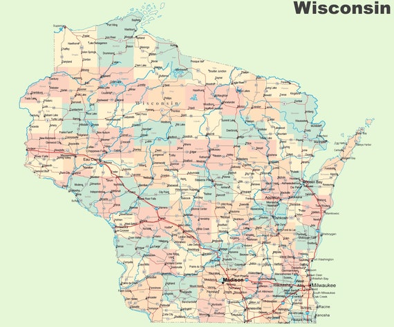 Wisconsin State Map With Cities Wisconsin State Road Map Glossy Poster Picture Photo Banner - Etsy.de