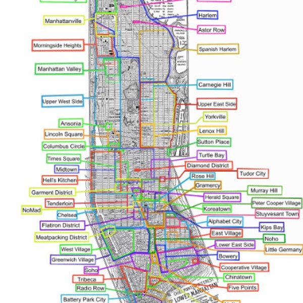 MANHATTAN NEIGHBORHOOD MAP Glossy Poster Picture Photo Print Banner Nyc