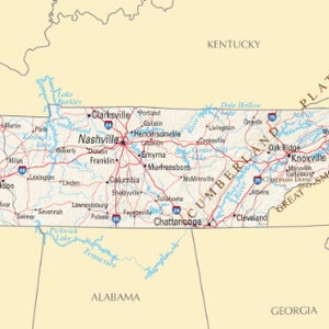 TENNESSEE STATE ROAD Landkarte glänzend Poster Bild Foto Stadt County Nashville