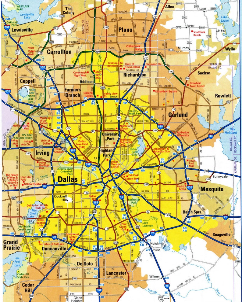 Dallas Texas Map Glossy Poster Picture Photo Banner Print Road Etsy