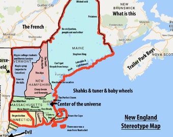 NEW ENGLAND FUNNY Stereotypes Map Glossy Poster Picture Photo Print Banner