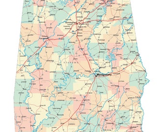 Alabama Map With Cities And Counties Alabama Picture Map | Etsy