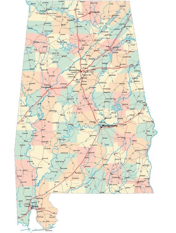 Alabama Map With Counties And Cities Alabama Road Map Glossy Poster Picture Photo County City State - Etsy Canada