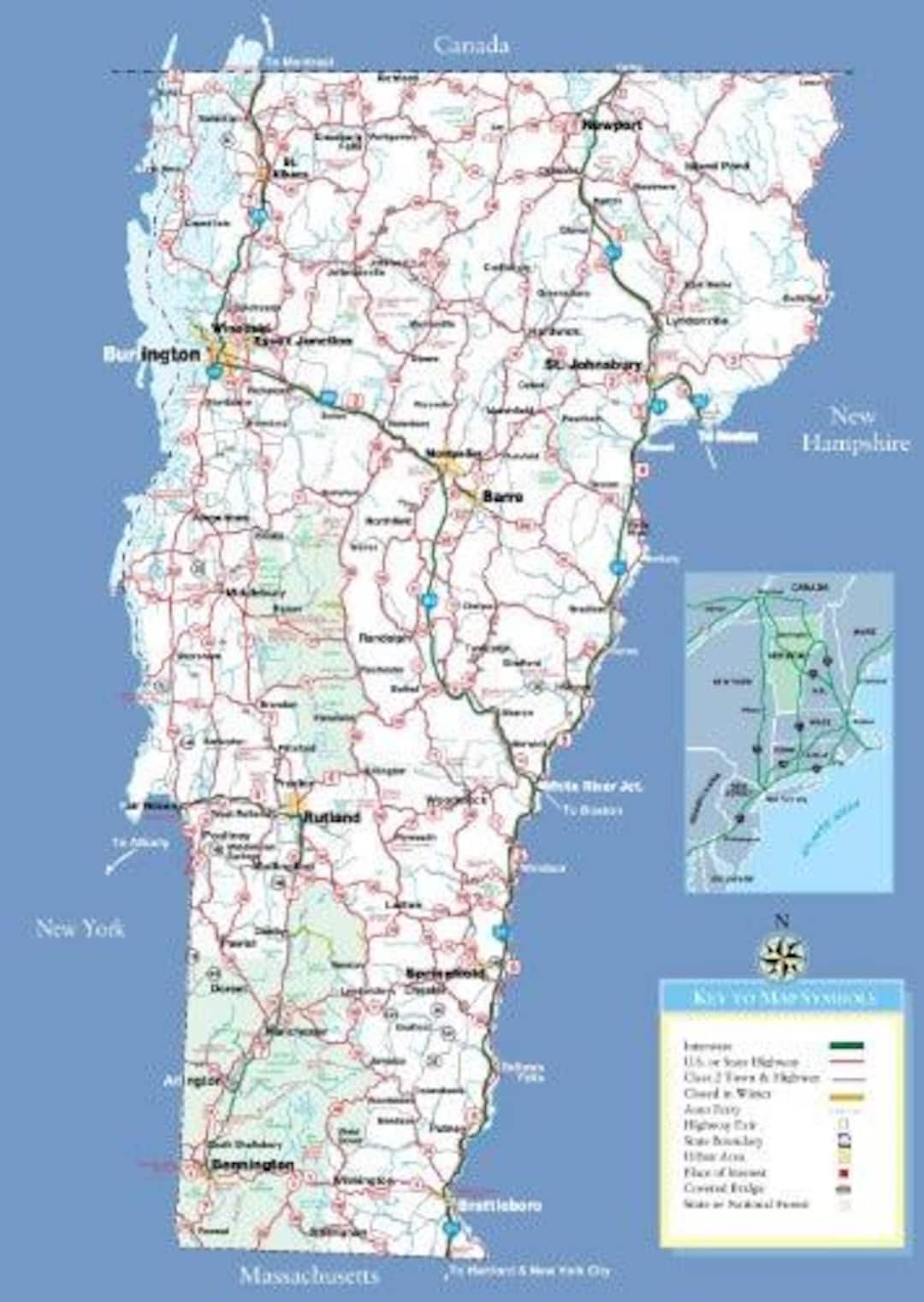Vermont State Road Map Glossy Poster Picture Photo Banner Vt City ...
