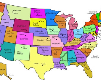 50 States And Capitals Map United States Map With Capitals Glossy Poster Picture Photo - Etsy Singapore
