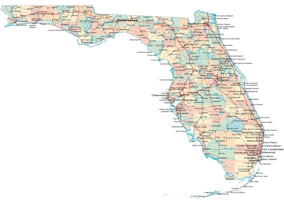 Driving Map Of Florida Florida Road Map Glossy Poster Picture Photo State Miami - Etsy.de