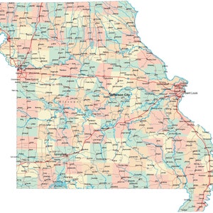 Missouri On State Map Missouri State Road Map Glossy Poster Picture Photo City | Etsy