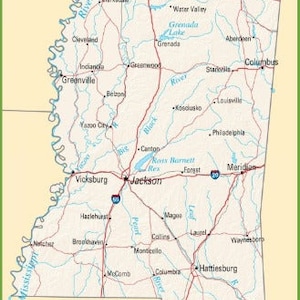 MISSISSIPPI STATE ROAD Map Glossy Poster Landkarte Landkarte Landkarte Photo Banner Western City