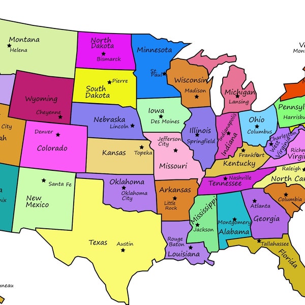 Us Map With Capitals Poster Etsy
