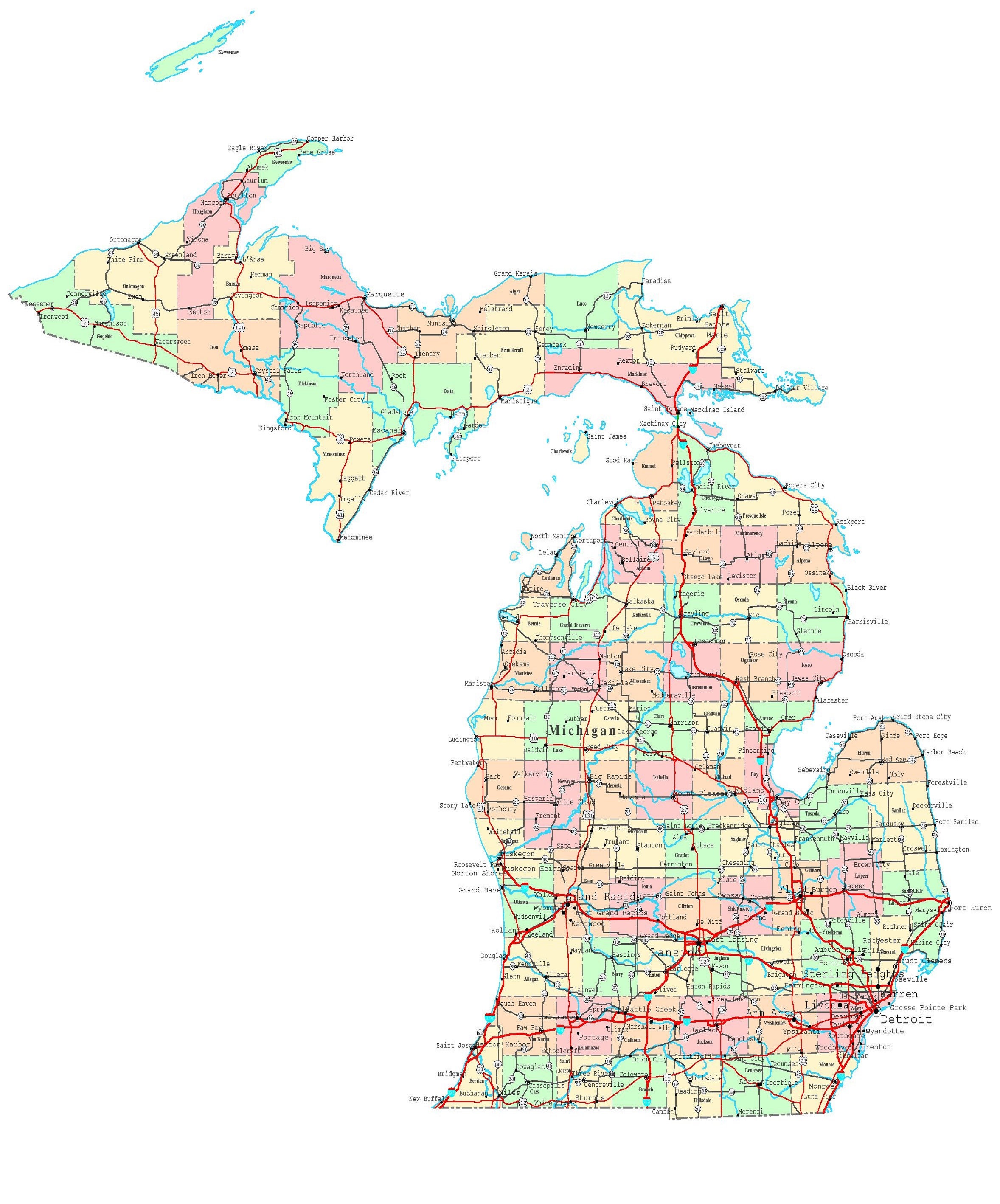 Michigan County Map With Roads Michigan Road Map Glossy Poster Picture Photo State City Etsy India