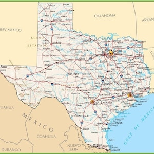 TEXAS STATE ROAD Map Póster brillante Imagen Foto Banner Tx Highway Houston