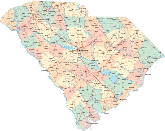 South Carolina Map With Cities And Counties South Caronlia State Road Map Glossy Poster Picture Photo City | Etsy Hong  Kong