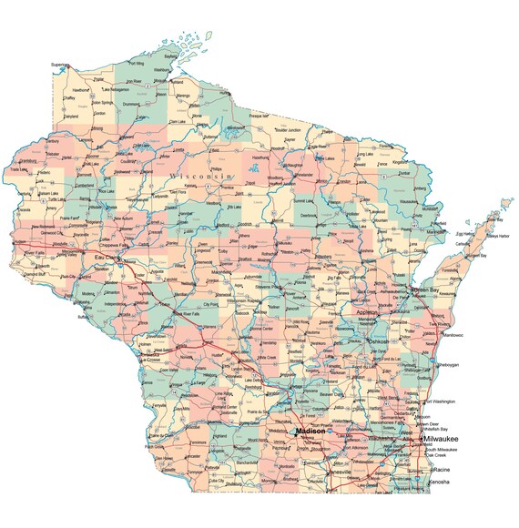 Wisconsin State Map With Cities Wisconsin State Road Map Glossy Poster Picture Photo City | Etsy