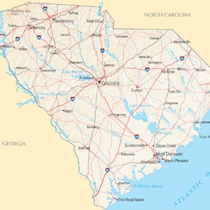 SOUTH CAROLINA STATE Straßenkarte Glanz Poster Bild Foto Banner sc Stadt