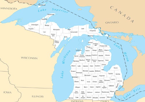 MICHIGAN STATE COUNTIES Map Glossy Poster Picture Photo Print county city